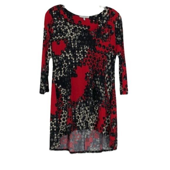 Vivian Wong Red Black abstract tunic flowy 3/4 sleeve blouse Small - Picture 1 of 12